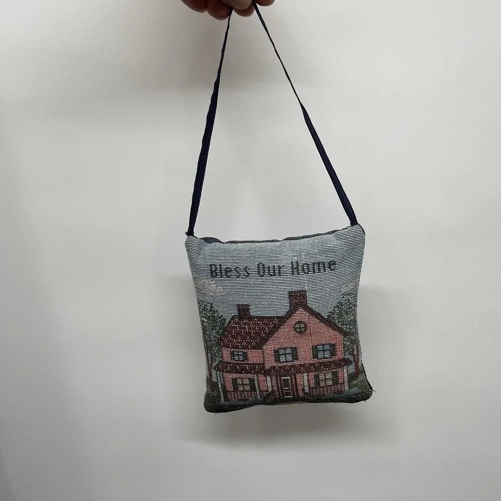 Vintage 1980s Tapestry Decorative Throw Pillow‎ & Door Hanger Set 3 Cottage Core
